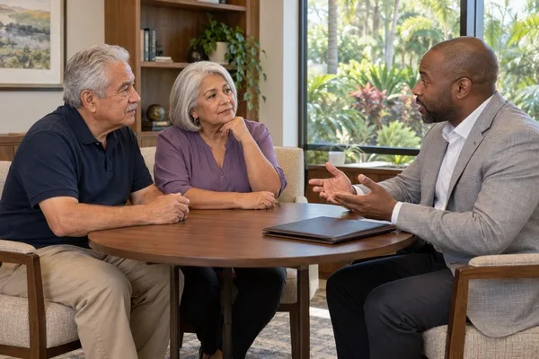 Older couple discusses family matters with an attorney during a consultation in a welcoming law office.